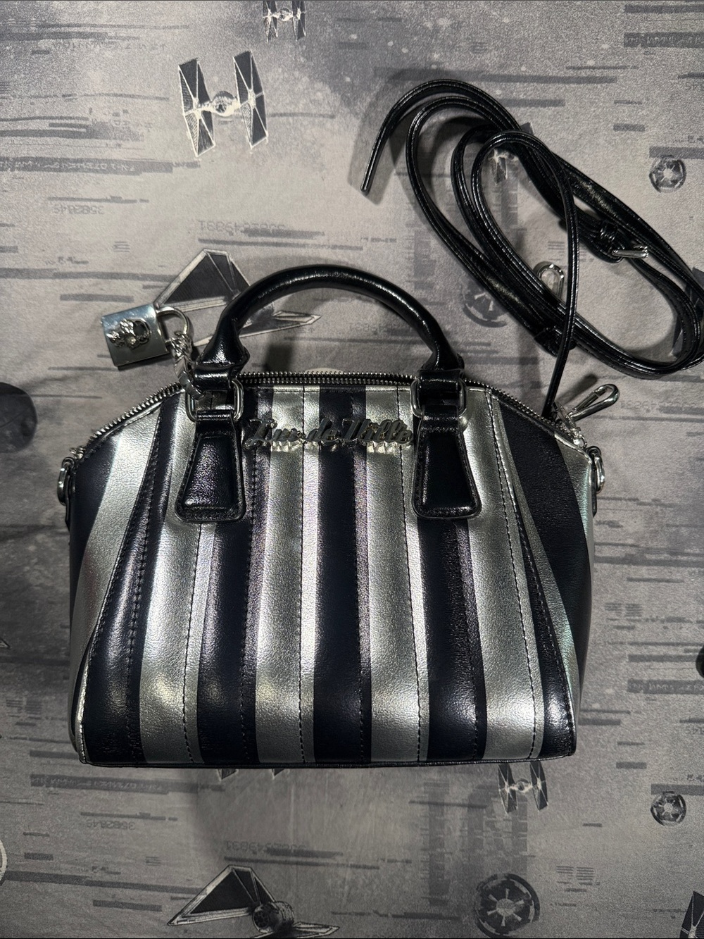 RARE LUX DE VILLE MINI LADY VAMP TOTE IN BLACK AND SILVER CHROME STRIPES